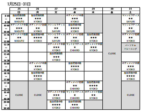 1/25-1/31スケジュール